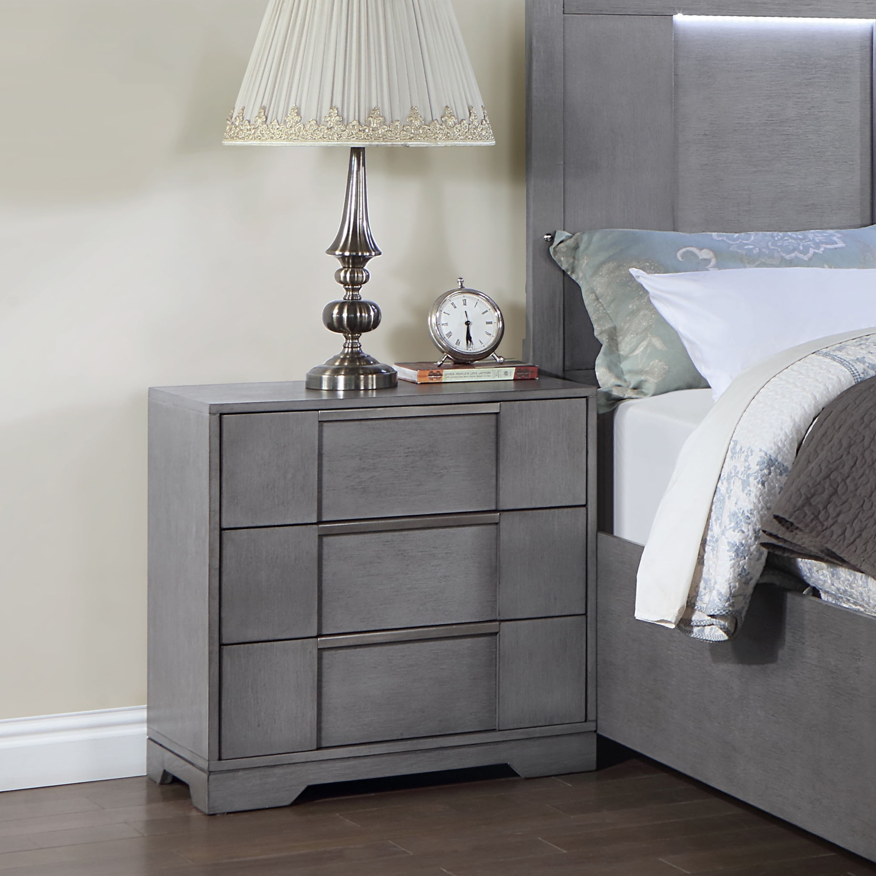Gray Wood 3-Drawer Nightstand with Metal Handles