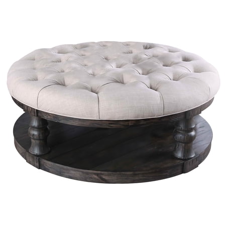 Furniture of America Joss Rustic Round Tufted Wood Cocktail Coffee Table
