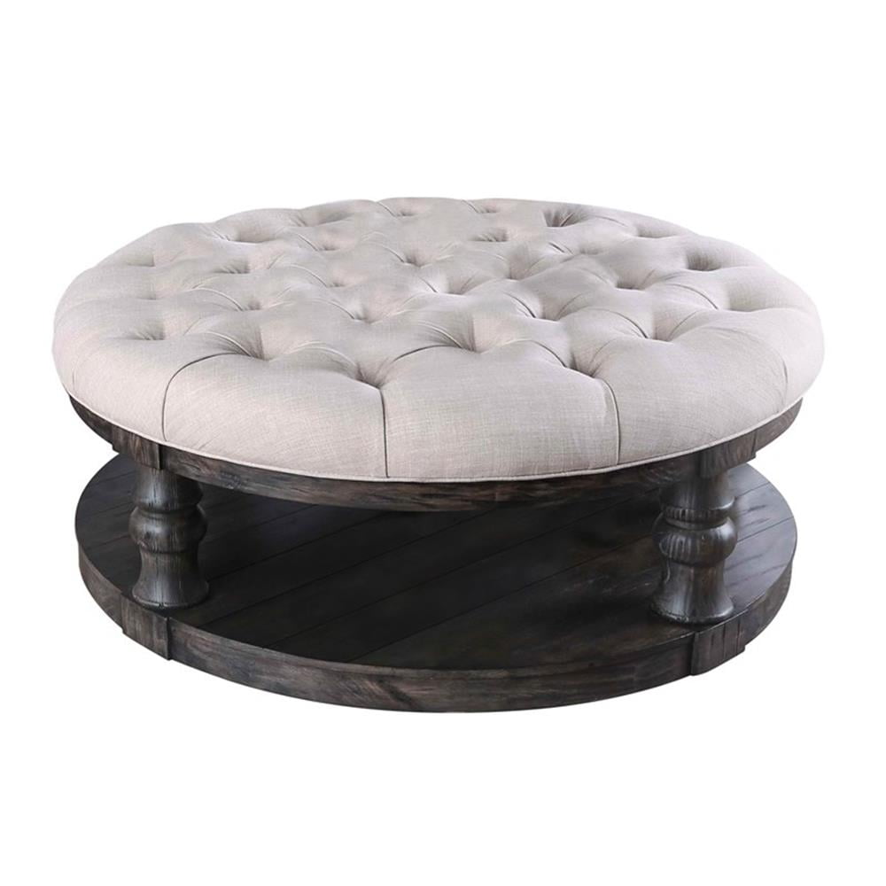 Antique Gray Rustic Round Wood and Fabric Coffee Table