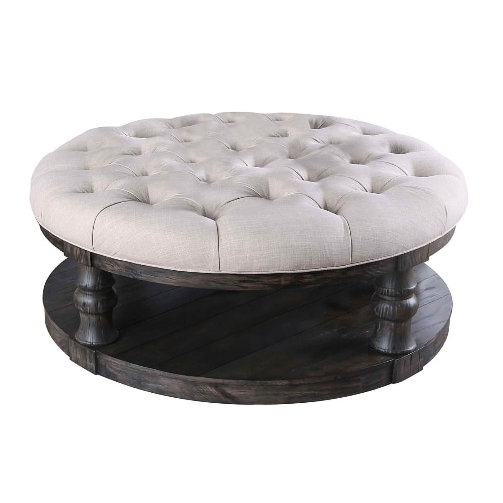 Antique Gray Rustic Round Wood and Fabric Coffee Table
