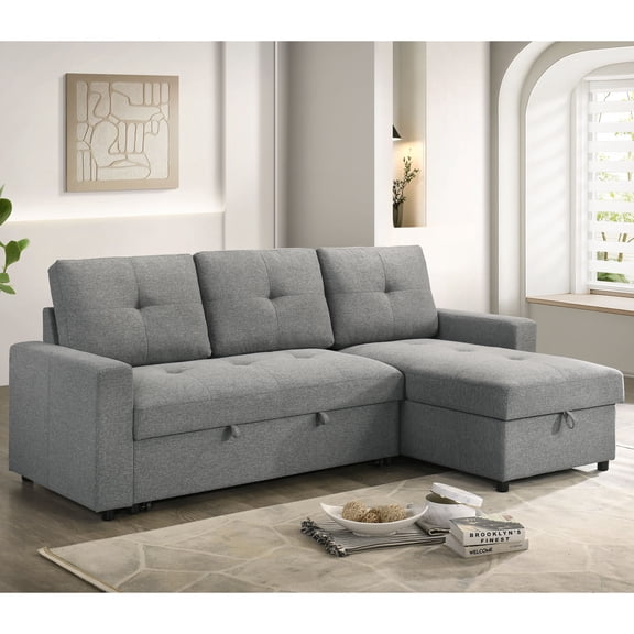 Furniture of America Jovi Modern Fabric L-Shaped Sectional Sofa with Pull Out and Storage Under Chaise, Gray