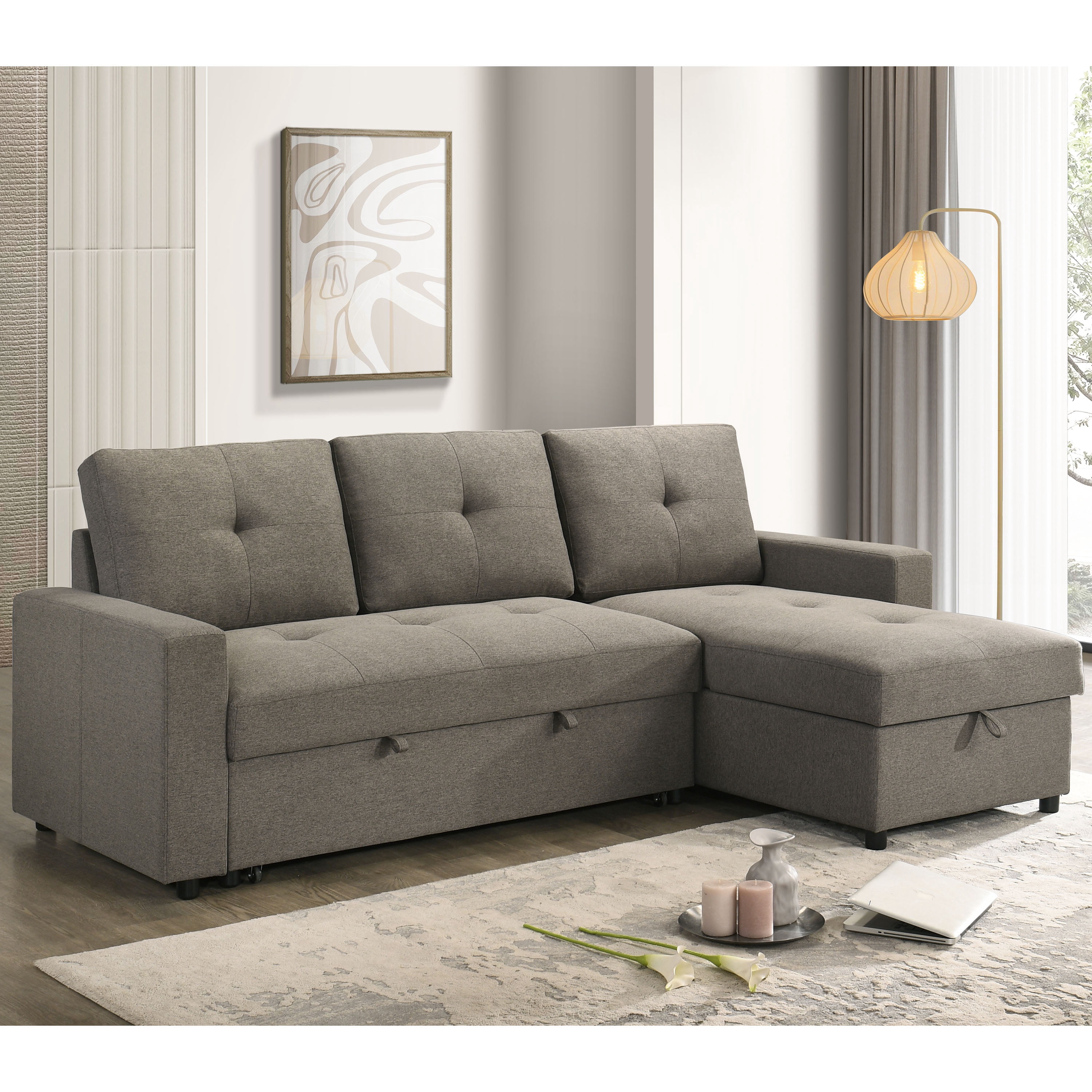 Furniture of America Jovi Modern Fabric L-Shaped Sectional Sofa with Pull Out and Storage Under Chaise, Light Brown