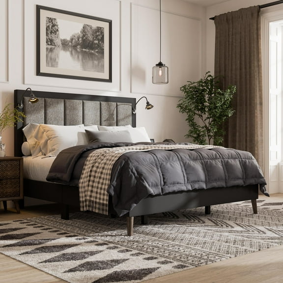 Furniture of America Jovik Adult Queen Wood Panel Bed with Reading Lights, Dark Brown