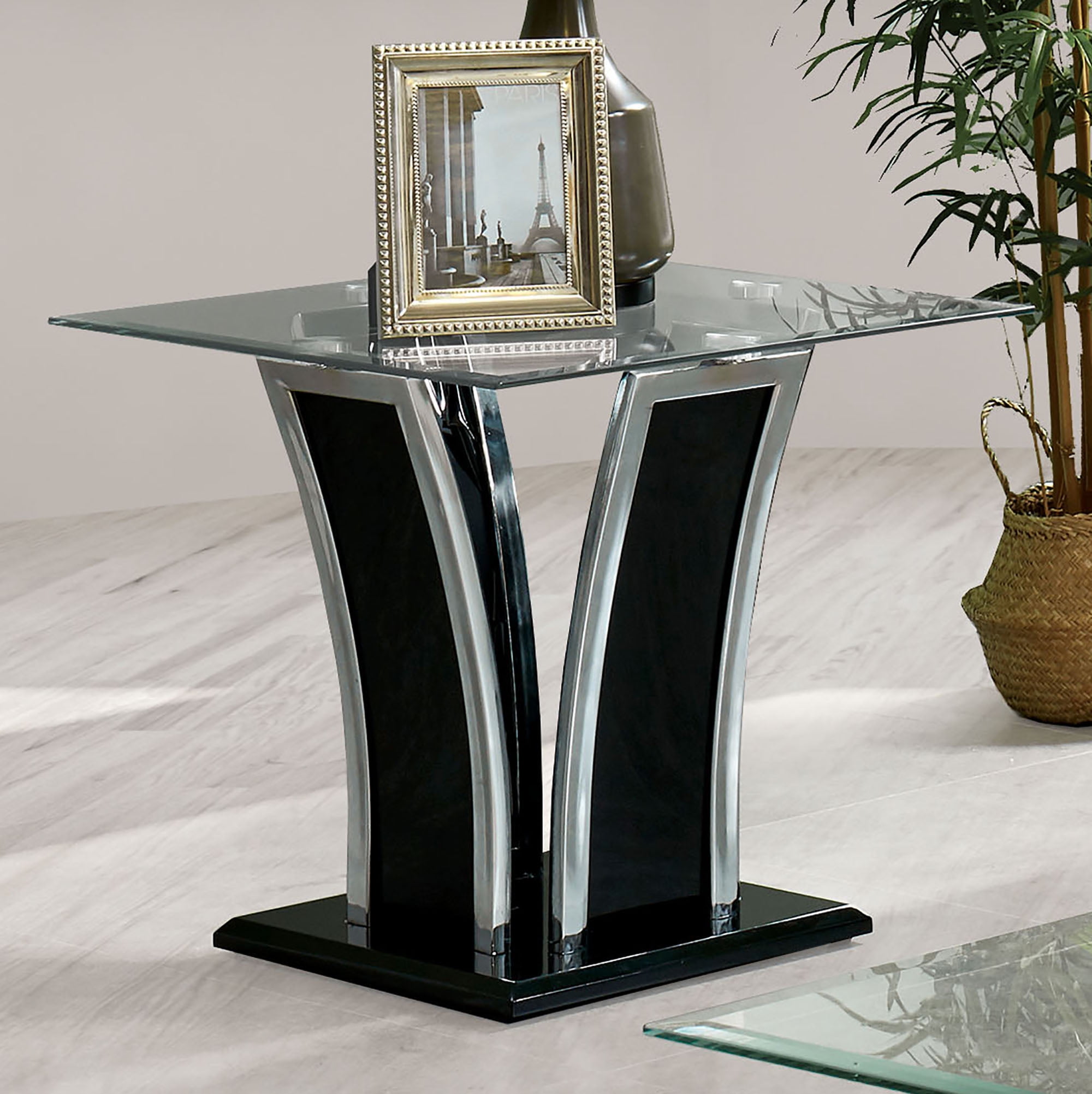 Furniture of America Julu Glass Top End Table, Glossy Black