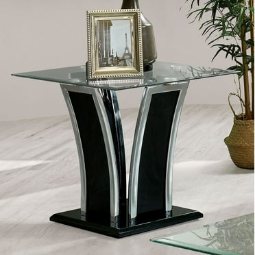 Furniture of America Julu Glass Top End Table, Glossy Black