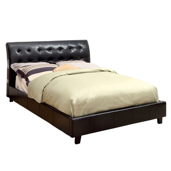 Furniture of America Junnie Full Tufted Faux Leather Platform Bed in Dark Espresso with Bluetooth Speakers
