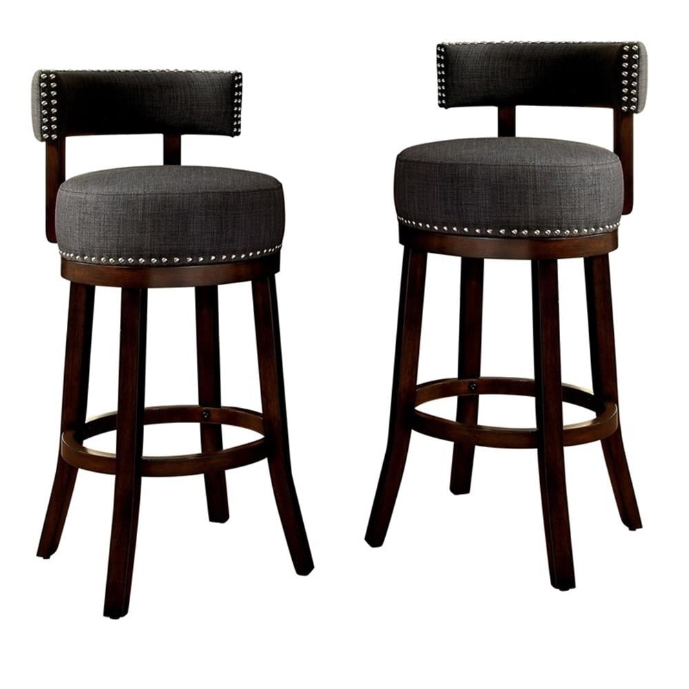 Gray Fabric and Wood Swivel Bar Stools with Nailhead Trim, Set of 2