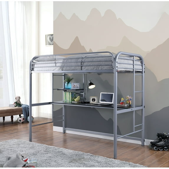 Furniture of America Kandice Metal Silver Twin Loft Kids Bed with Workstation