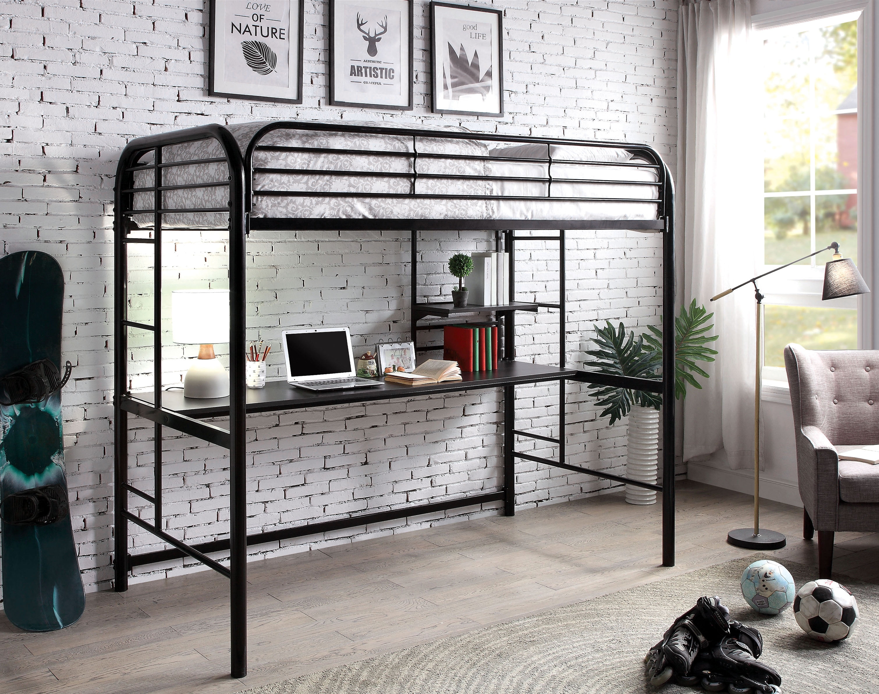 Furniture of America Kandice Metal Black Twin Loft Kids Bed with Workstation