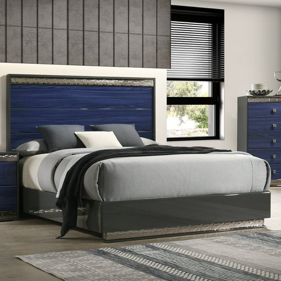 Furniture of America Kensing Solid Wood Platform Bed, Queen, Ash Gray and Indigo Blue