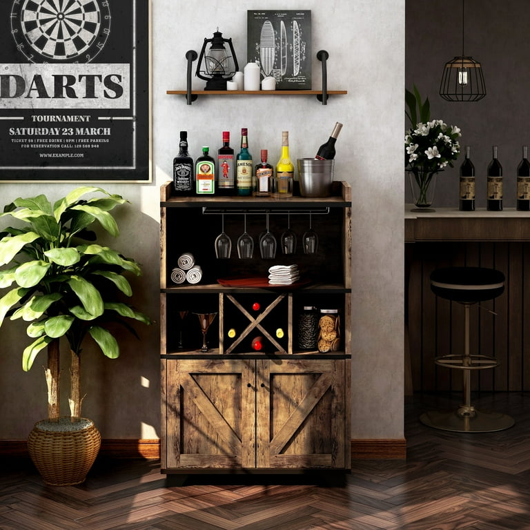 Furniture of America Keya Farmhouse 6 shelf Wine Cabinet Buffet Distressed Brown Distressed Wood Finish