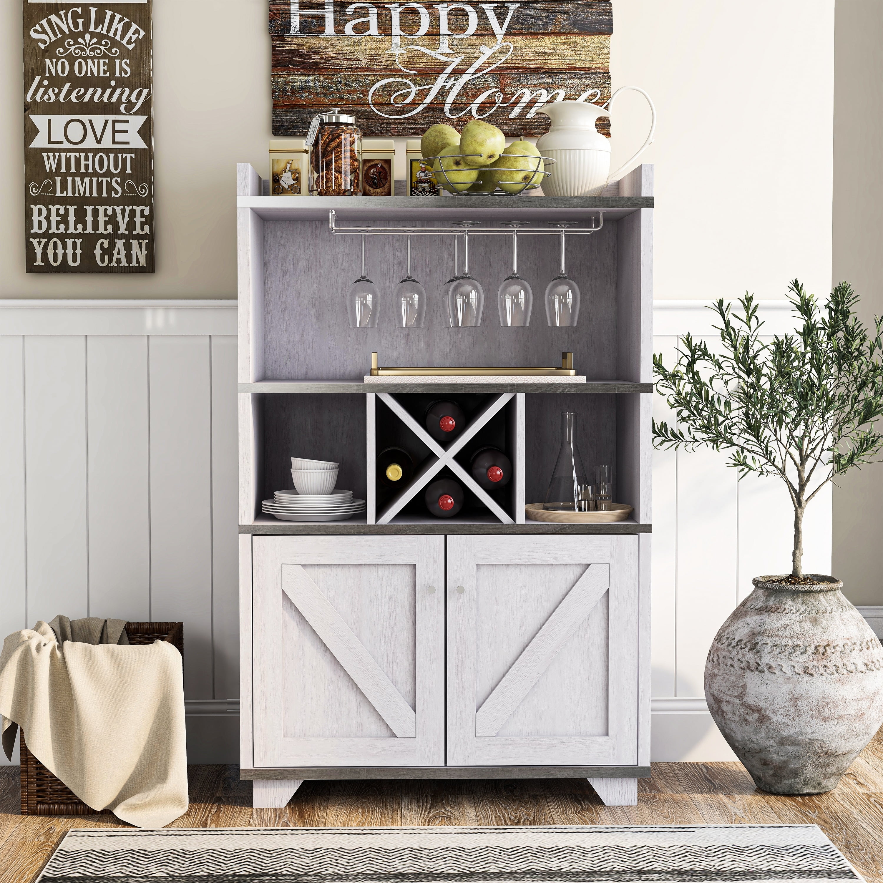 Furniture of America Keya Farmhouse 6 shelf Wine Cabinet Buffet White Oak Oak Finish Wood Finish