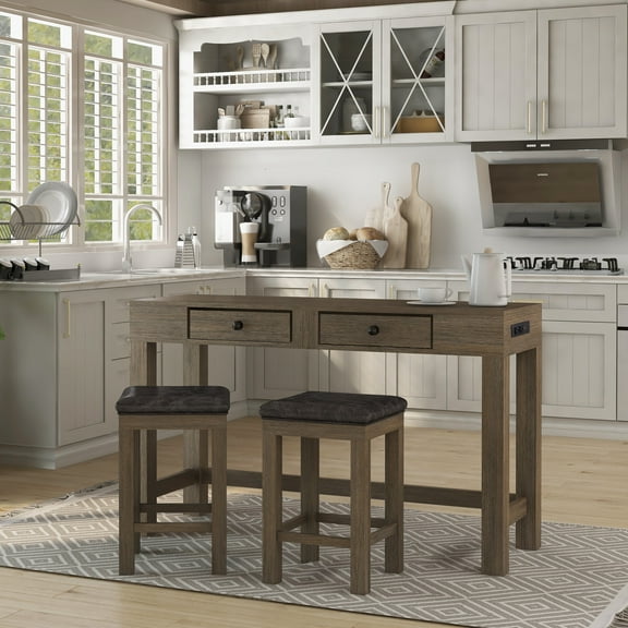 Furniture of America Kipp 3-Piece Farmhouse Wood 2-Drawer Counter Height Dining Set, Walnut