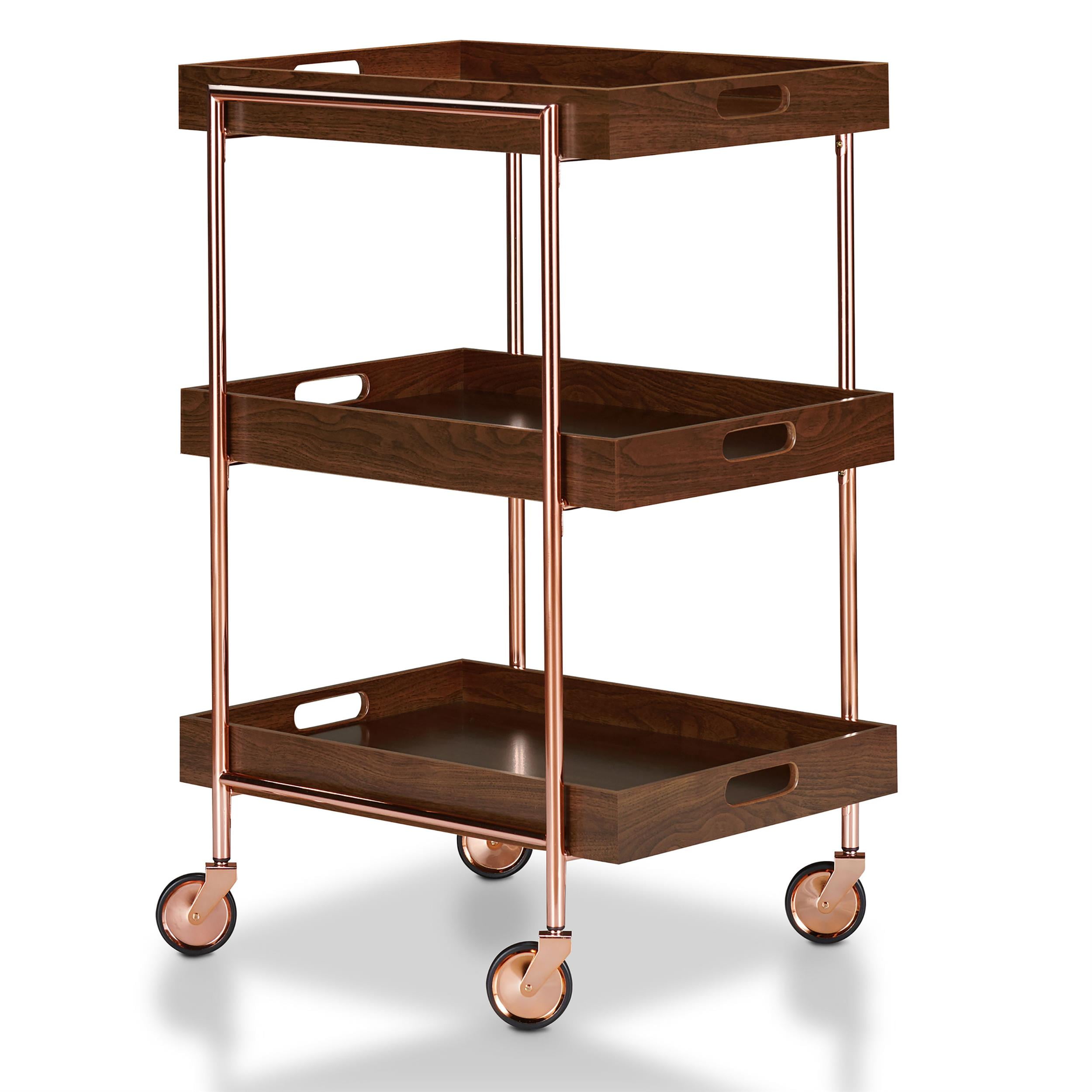 Walnut and Rose Gold Industrial 3-Tier Wood Bar Cart