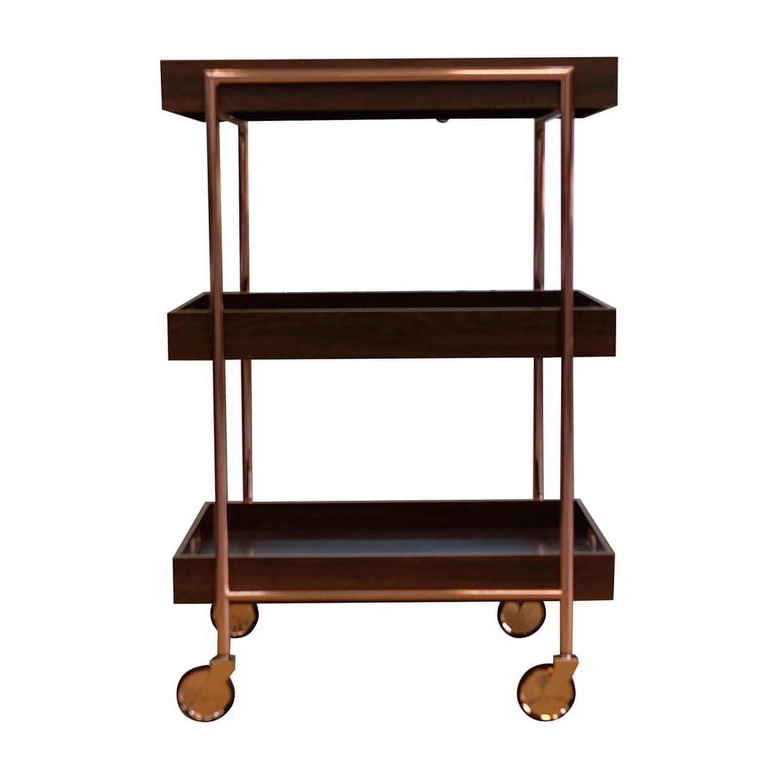Walnut and Rose Gold Industrial 3-Tier Wood Bar Cart