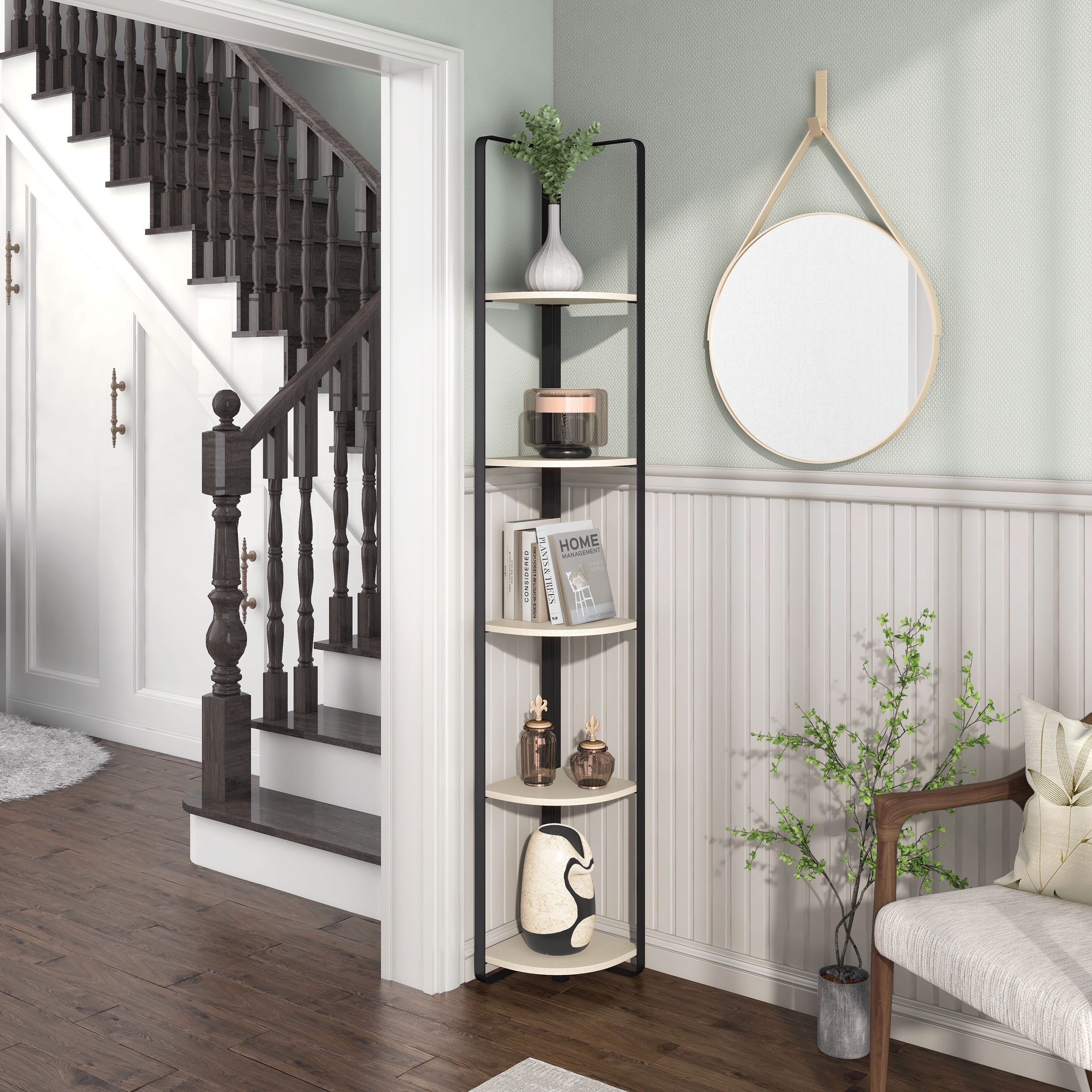 Furniture of America Kono Adult Contemporary 5-Shelf Corner Bookcase, Cream Weave