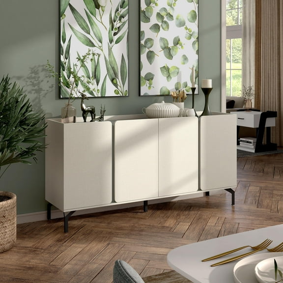 Furniture of America Kono Contemporary 60" Buffet with 6-Shelf and 4-Door, Cream Weave