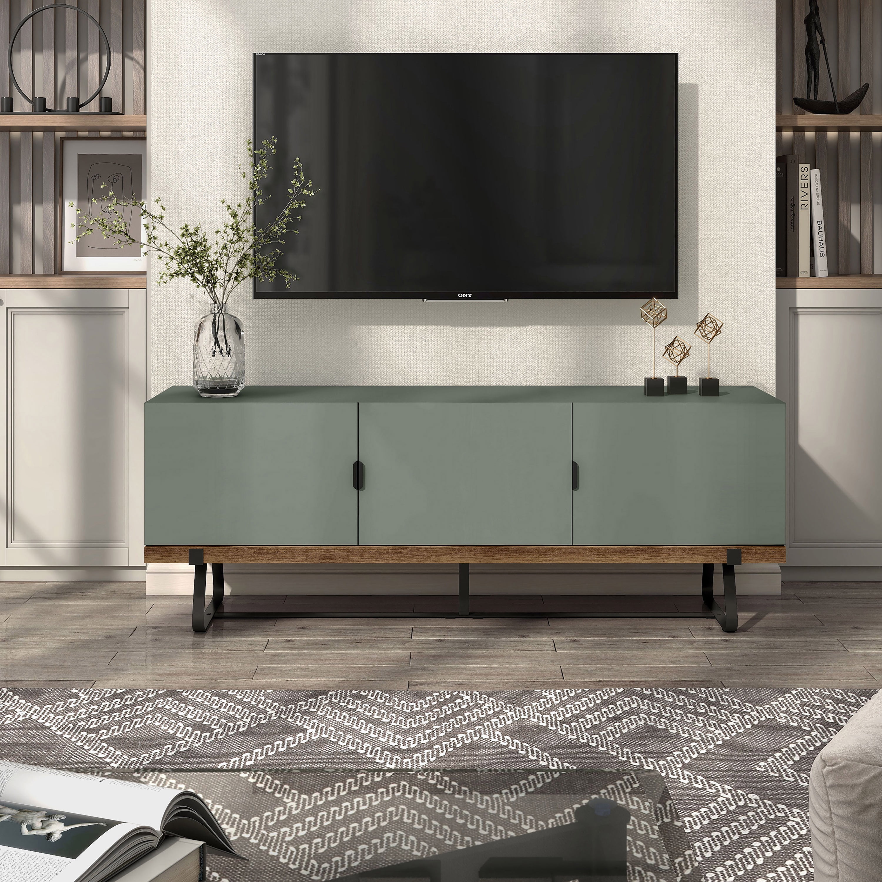 Sage Green and Distressed Oak Modern TV Stand with Cabinet