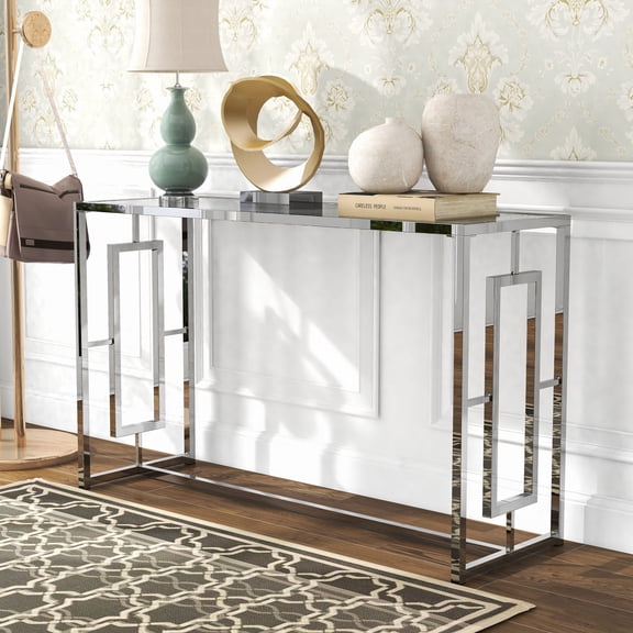 Furniture of America Kora Water Ripples Pattern Glass Top and Metal Chrome Sofa Table