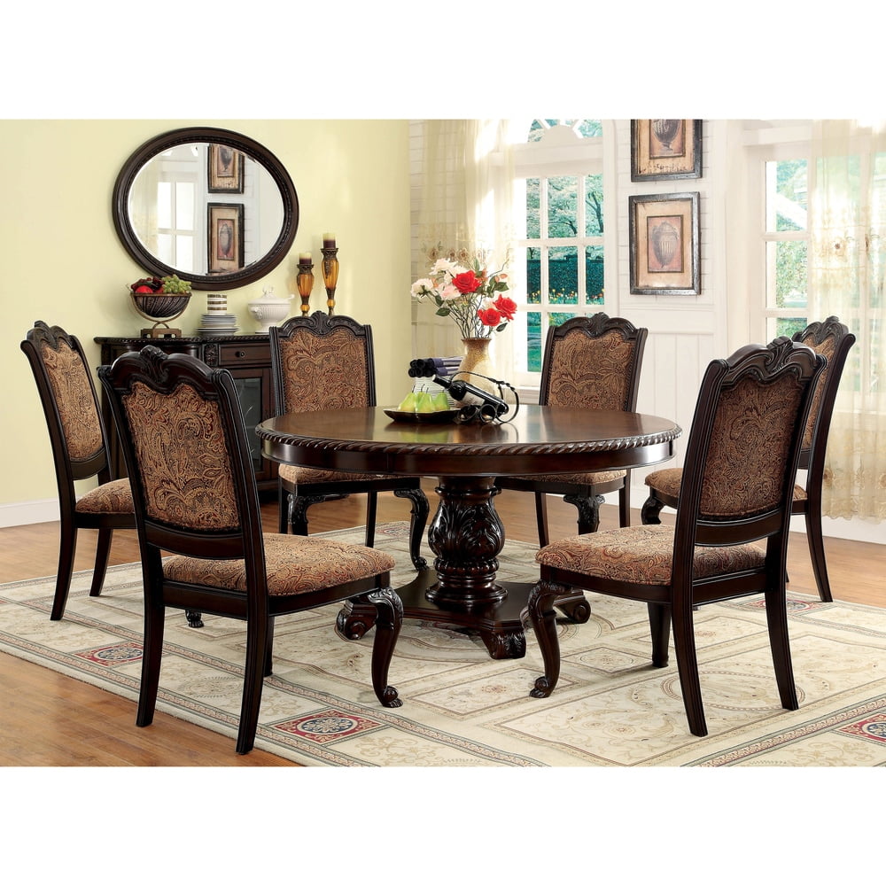 Elegant Brown Cherry Wood Round Pedestal Dining Set with 6 Chairs