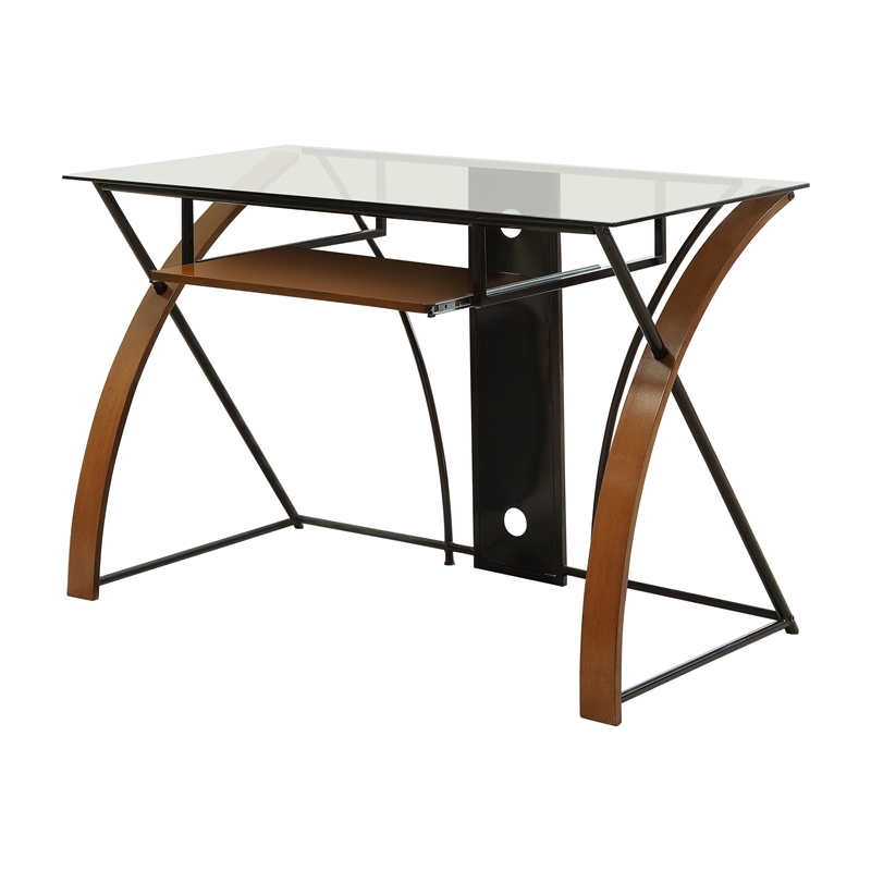 Furniture of America Kyran Contemporary Glass Top Computer Desk in Oak