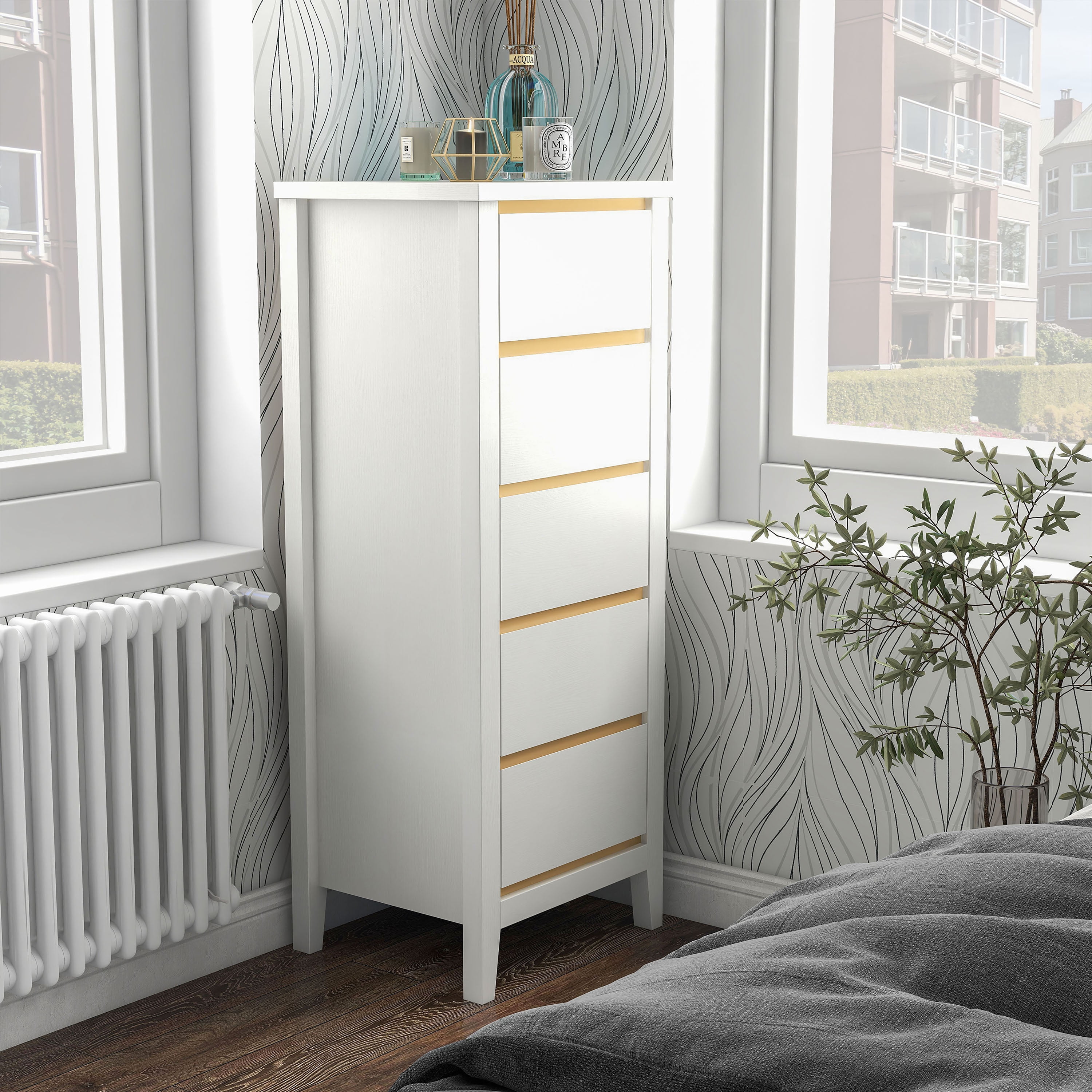 White and Gold 5-Drawer Tall Chest with Faux Trim