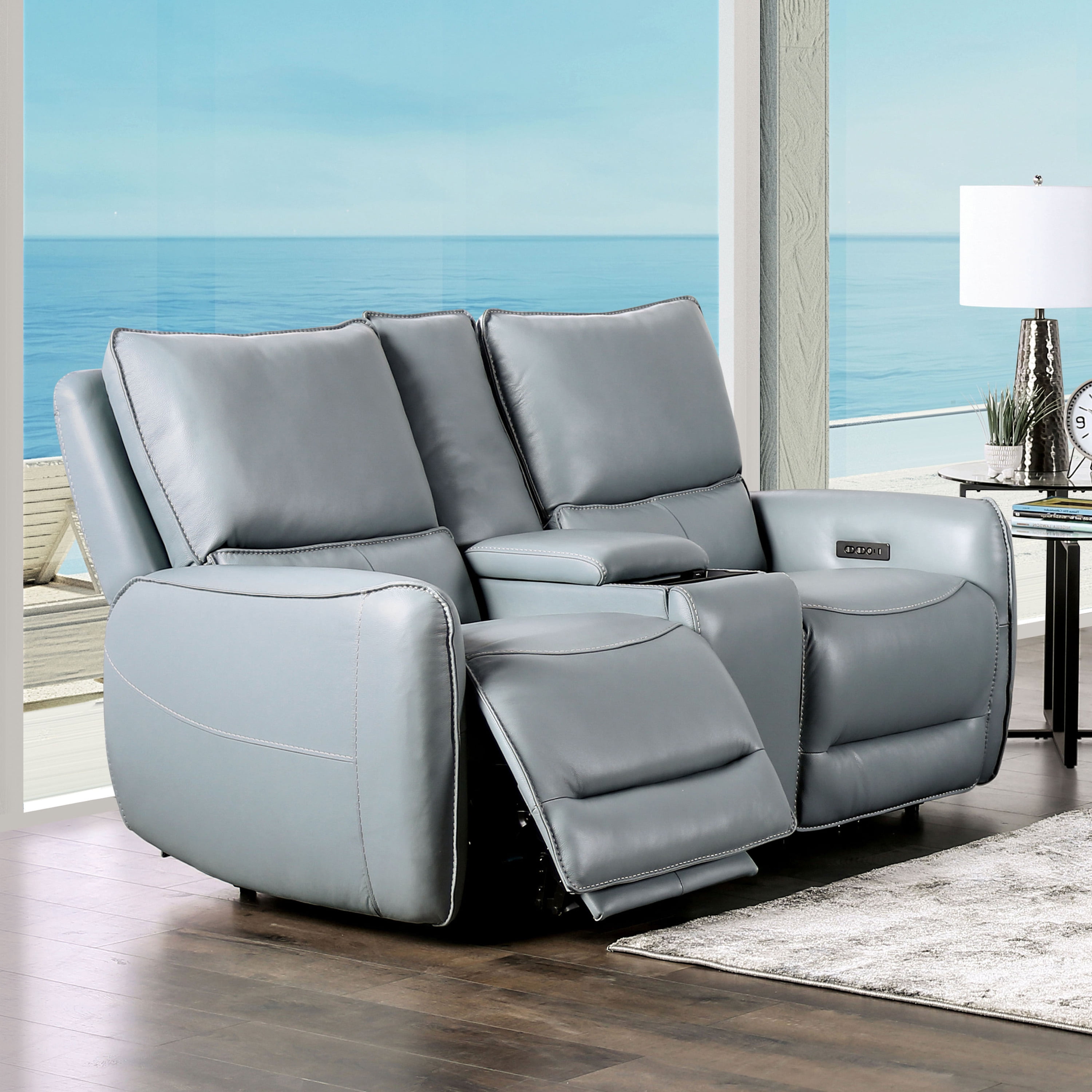 Furniture of America Larchvale Leather Pale Blue Power Reclining Loveseat with USB Port Cup Holders Walmart Business Supplies