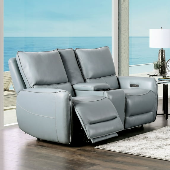 Furniture of America Larchvale Transitional Adult Leather Indoor Power Reclining Loveseat with USB Port, Pale Blue