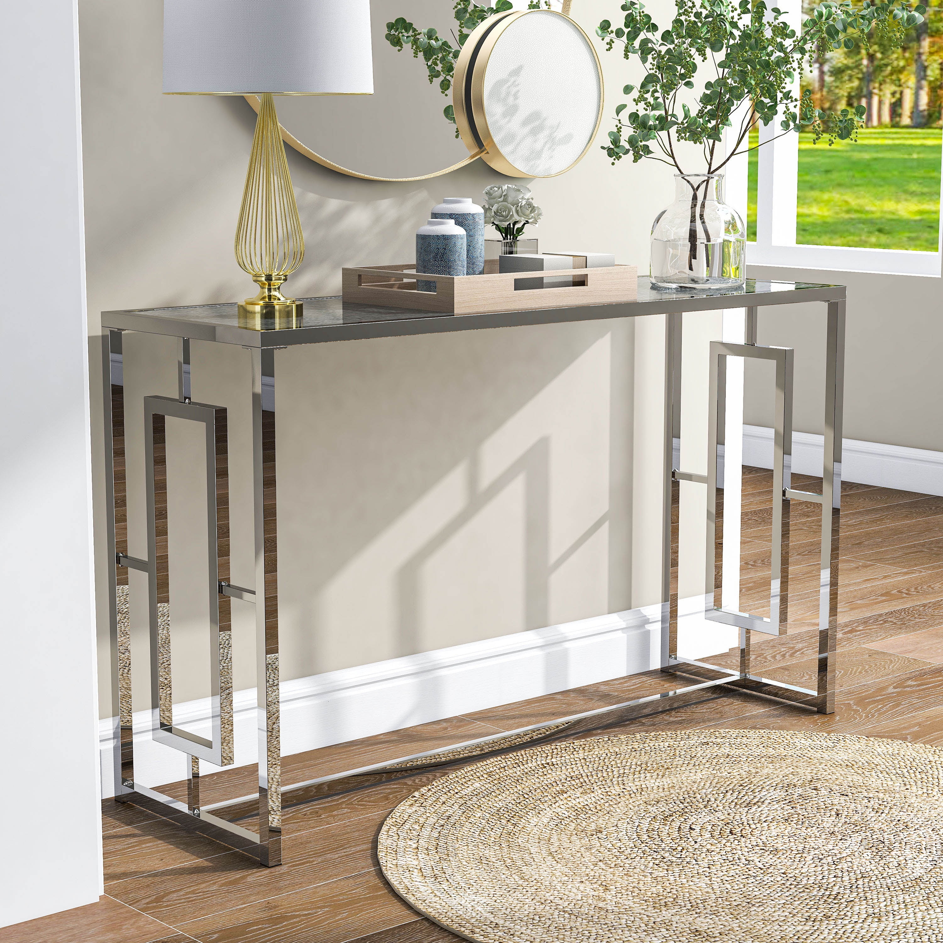 Furniture of America Lark Waterfall Pattern Glass Top and Metal Chrome Sofa Table