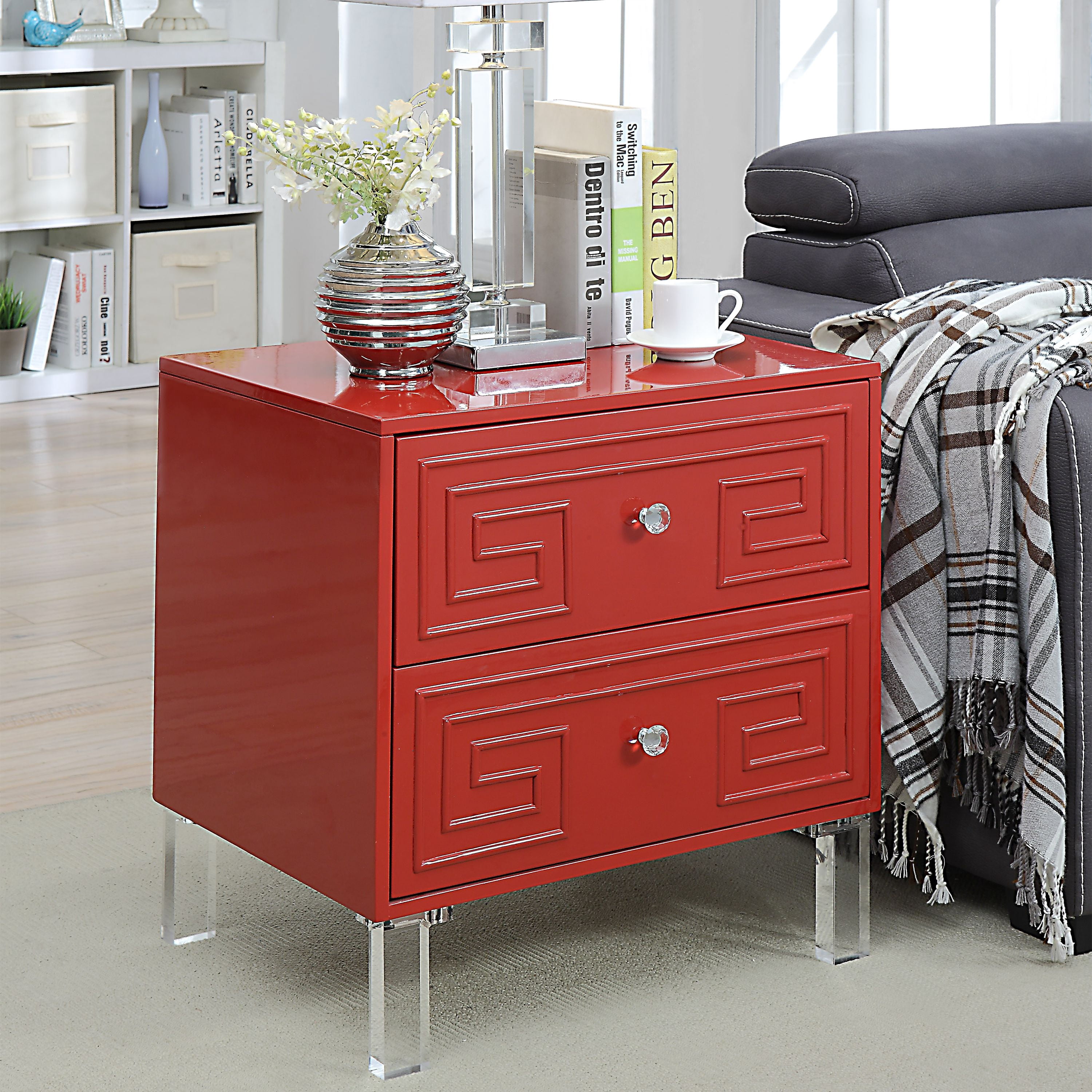 Furniture of America Lela 2-Drawer End Table, Glossy Red