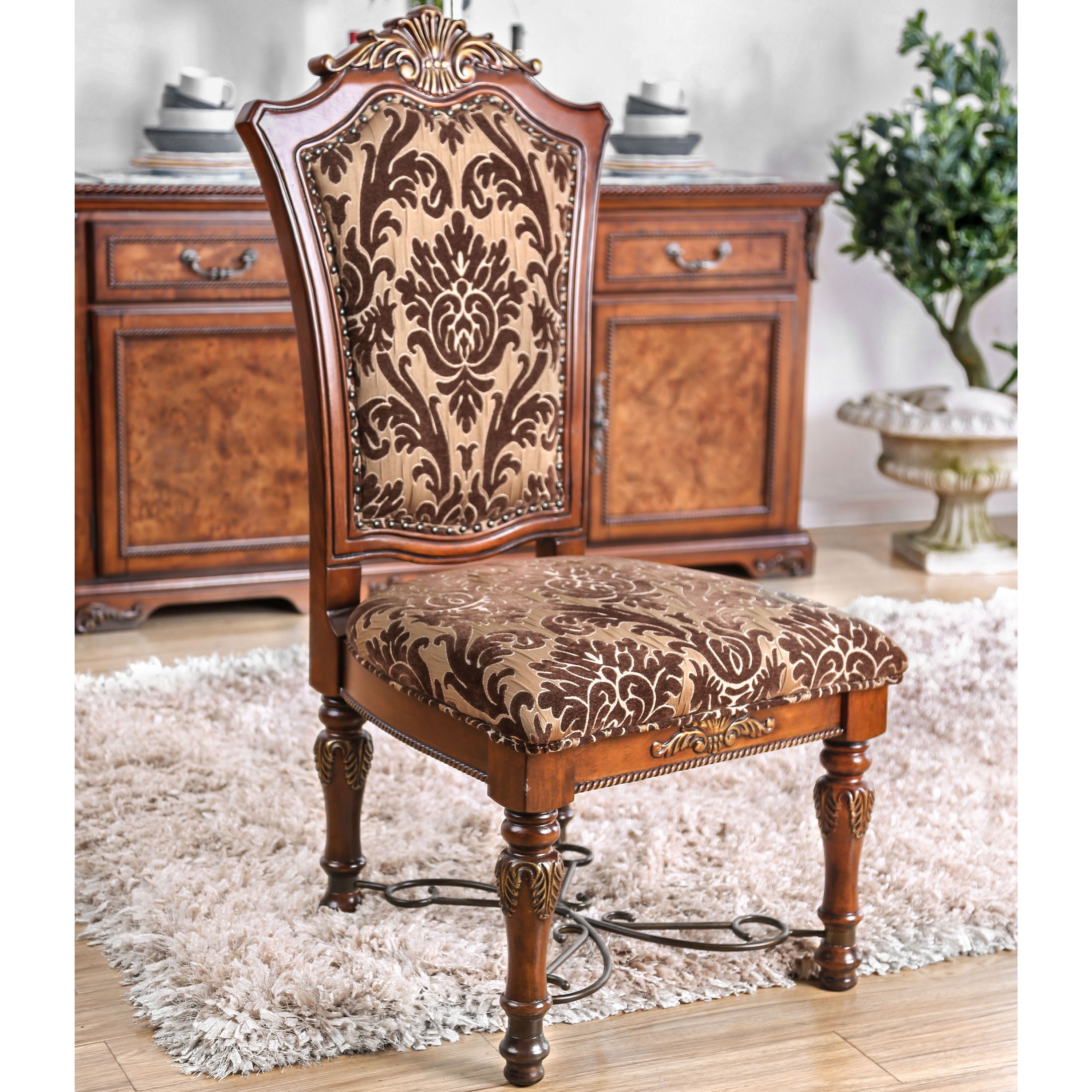 Furniture of America Lene Upholstered Indoor Fabric and Wood Brown Cherry Accent Chairs (Set of 2)