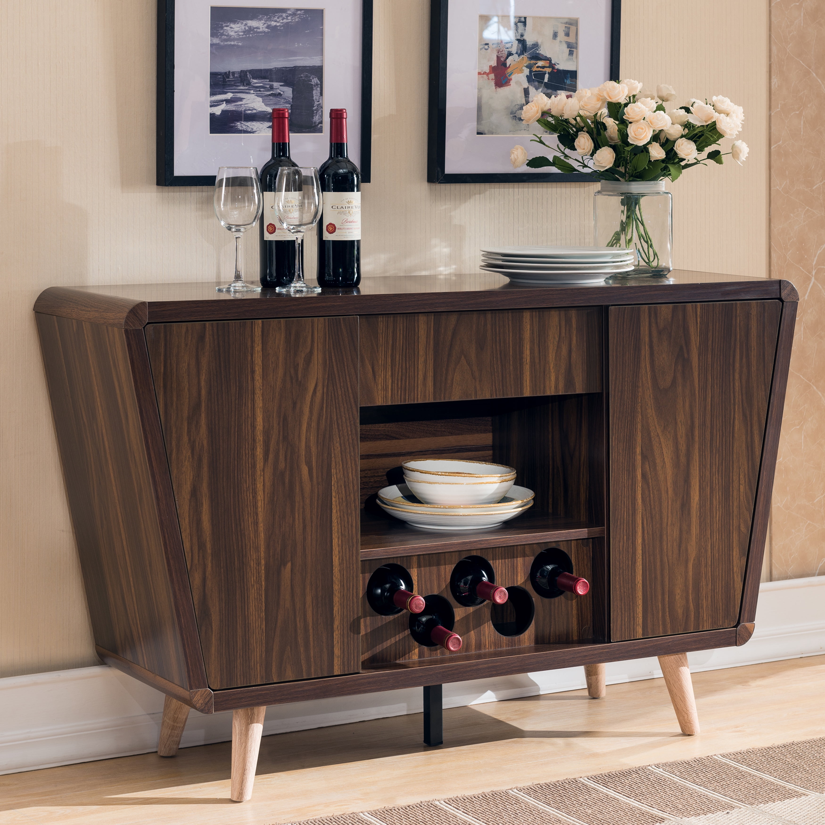 Furniture of America Linder Retro MultiStorage Dining Buffet, Dark