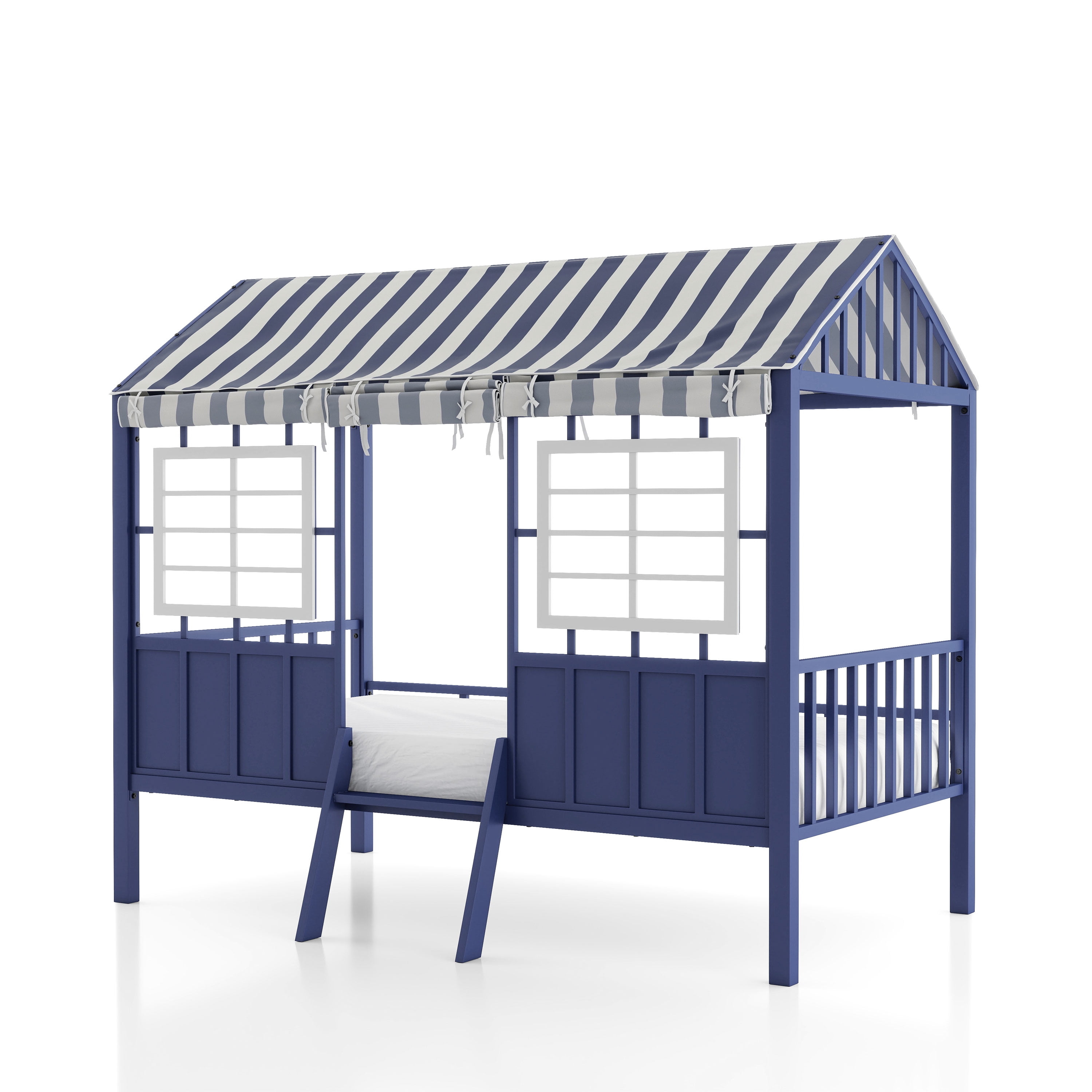 Furniture of America Little House Kids Metal Loft Bed with Guardrails, Blue and White, Twin