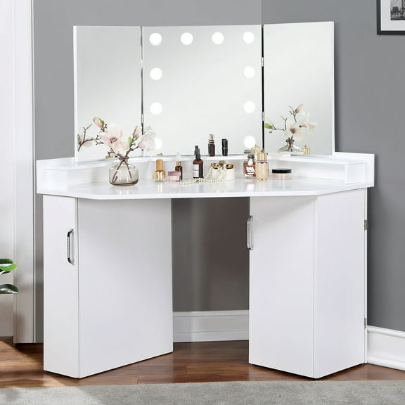 Furniture of America Liv Glam Adult 2-Piece Wood Vanity Set with Bulbs, White