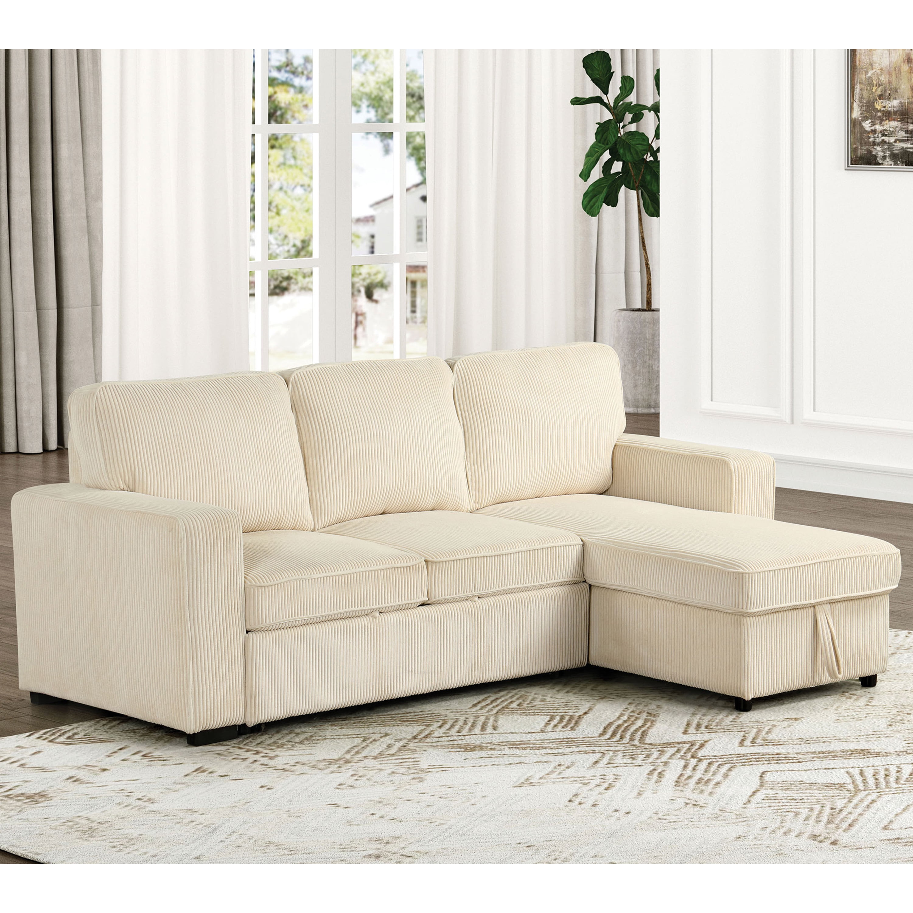 Beige Corduroy Sectional Sofa with Storage and Ottoman