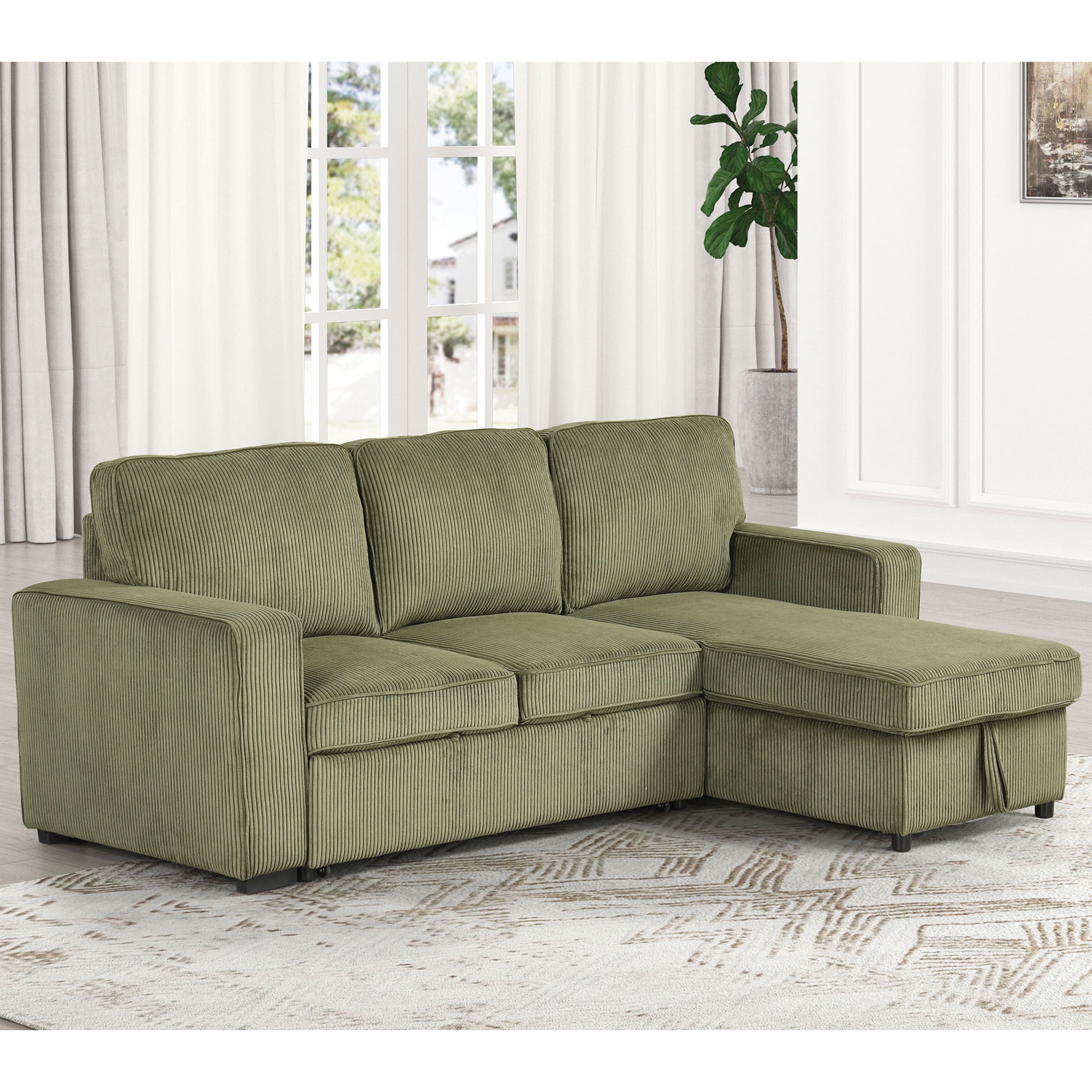 Green Corduroy Fabric Sectional Sofa with Storage Ottoman