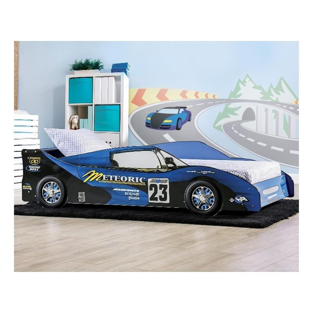 Furniture of America Loal Race Car Mattress Ready Wood Twin Bed in Blue