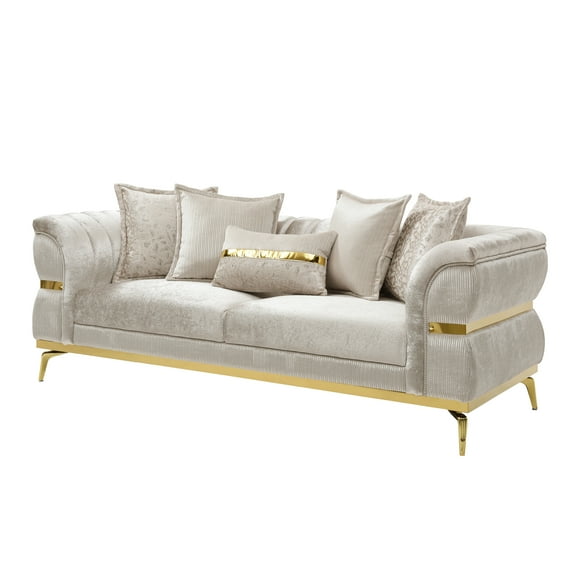 Furniture of America Lusin Glam Fabric Adult Sofa, Beige and Gold