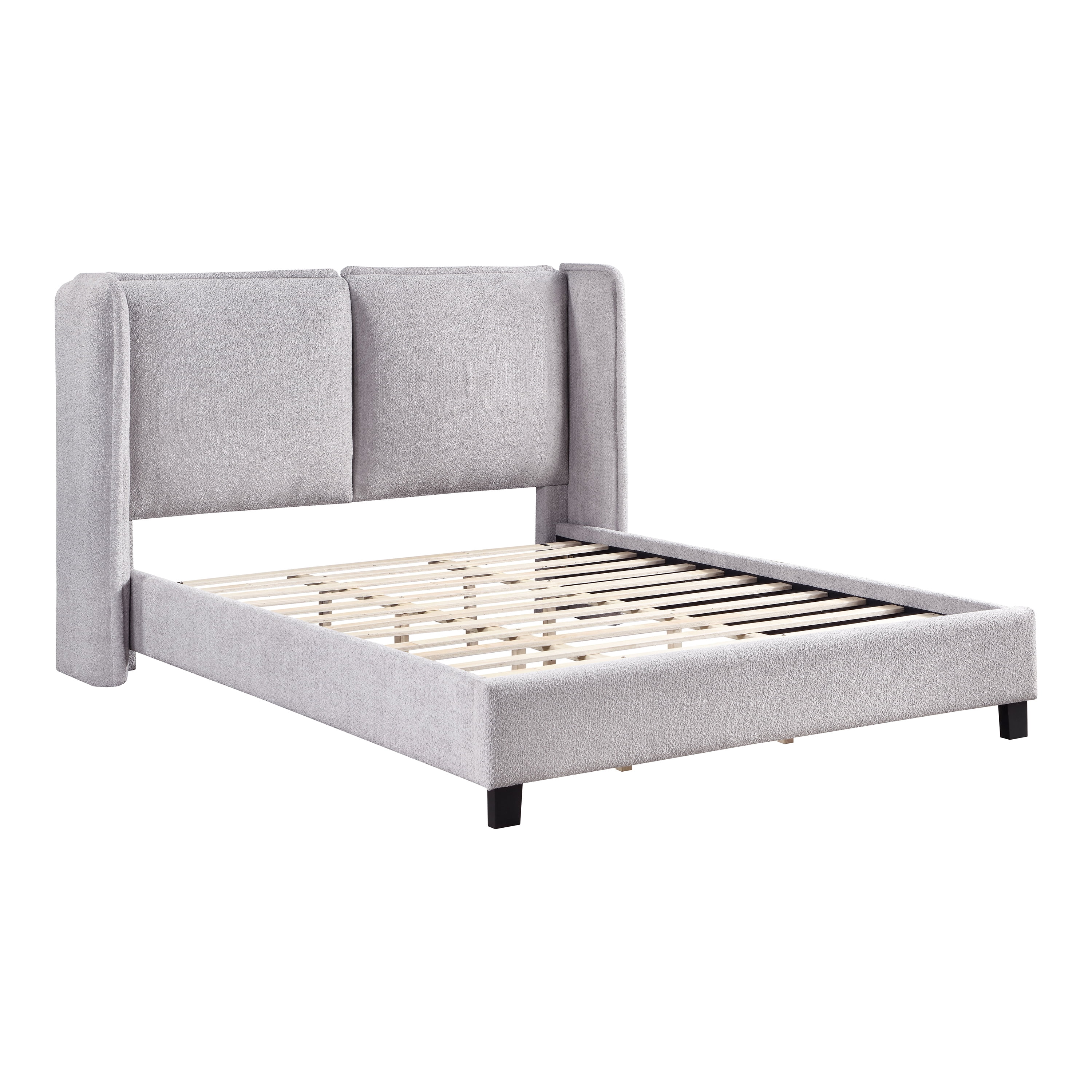 Furniture of America Mack Contemporary Boucle Fabric Platform Queen Size Bed Frame with Wingback Headboard, Light Gray