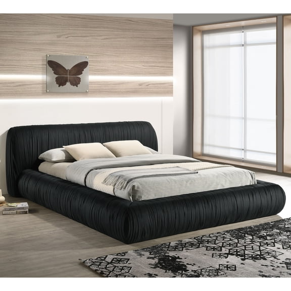 Furniture of America Mallan Adult King Fabric Pleated Upholstered Mattress Ready Bed, Black