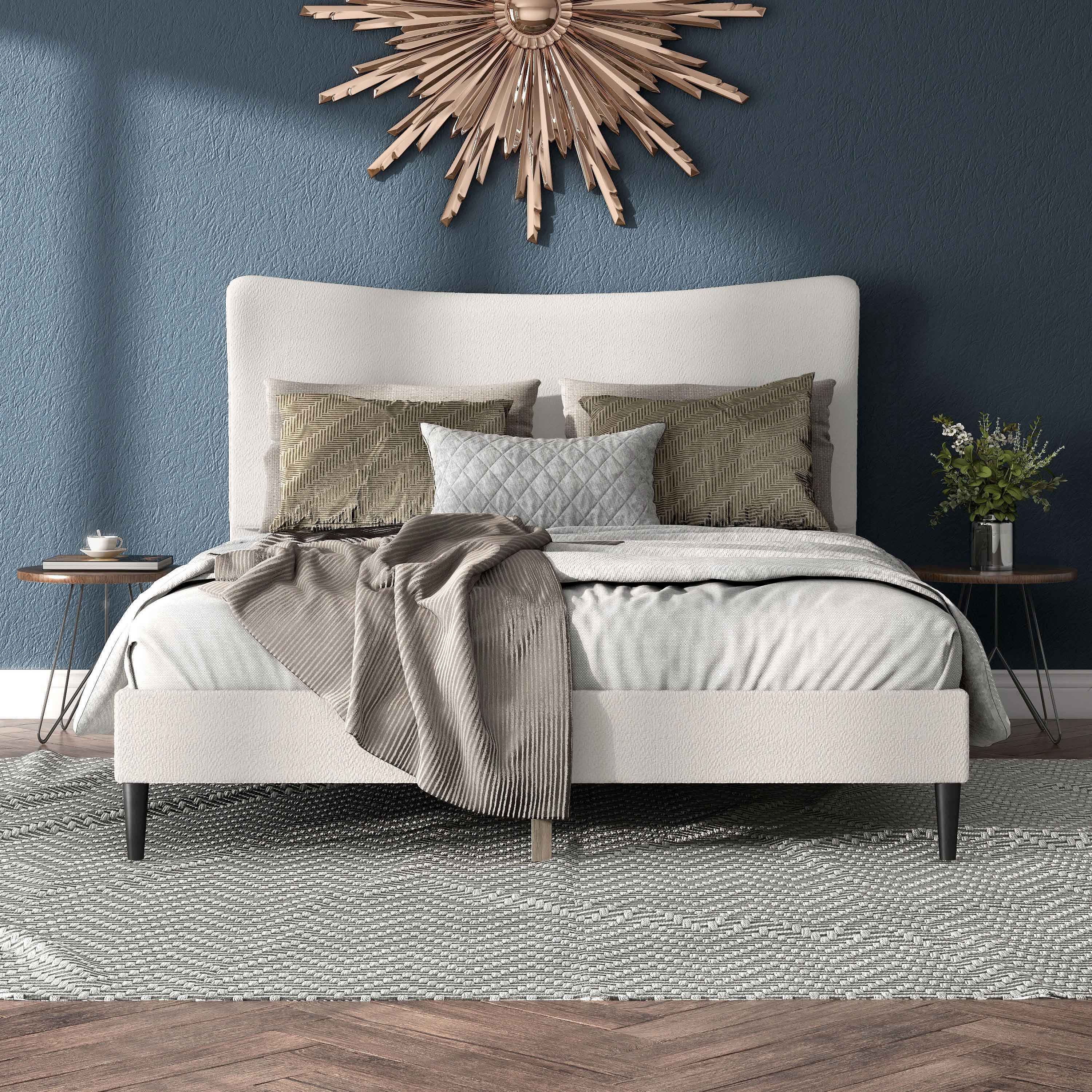 Cream Upholstered Queen Bed with Nailhead Trim and Slats
