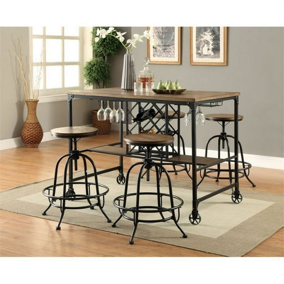 Furniture of America Manny Metal 5-Piece Counter Dining Set in Medium Oak