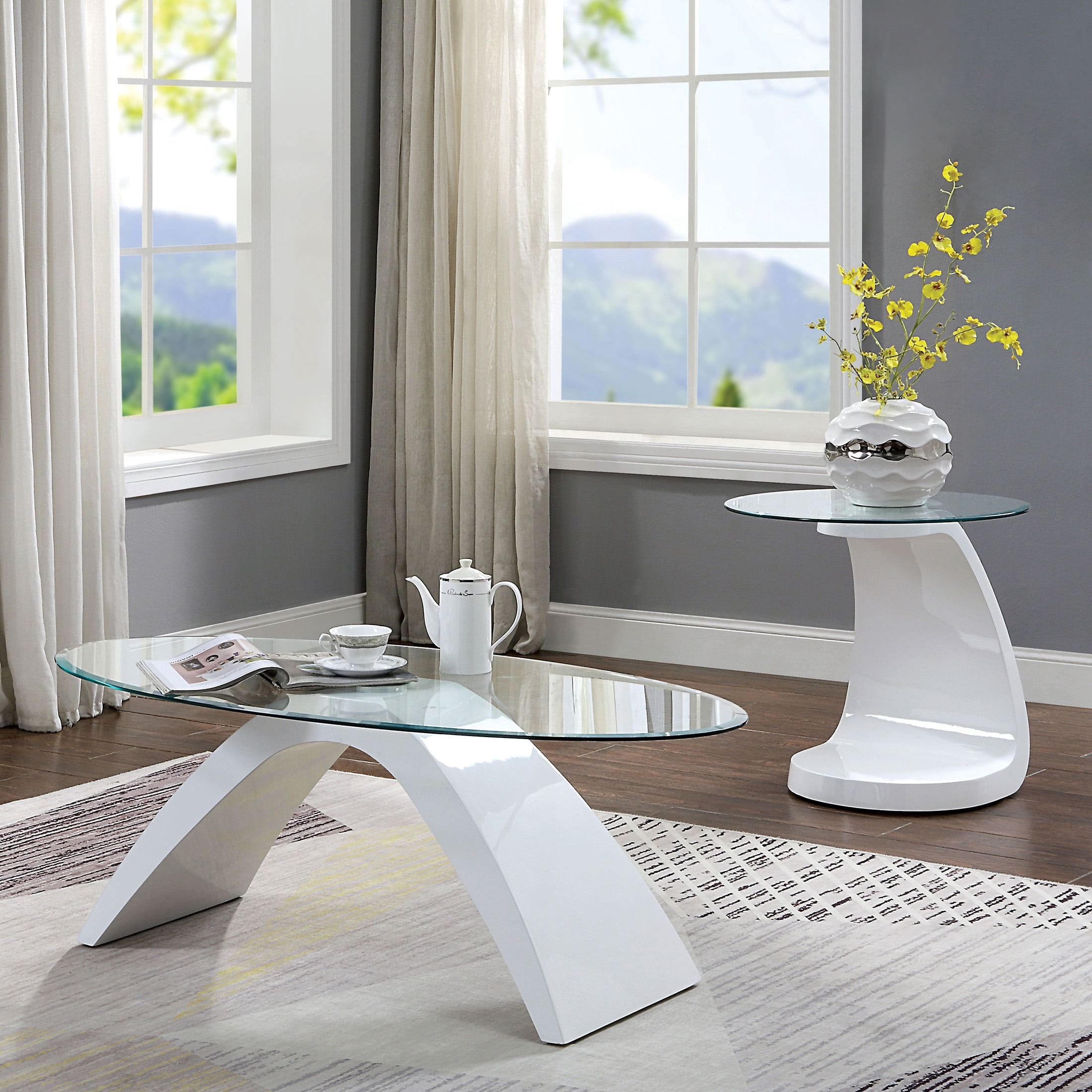Furniture of America Maore Glass Top 2-Piece Coffee Table Set, White