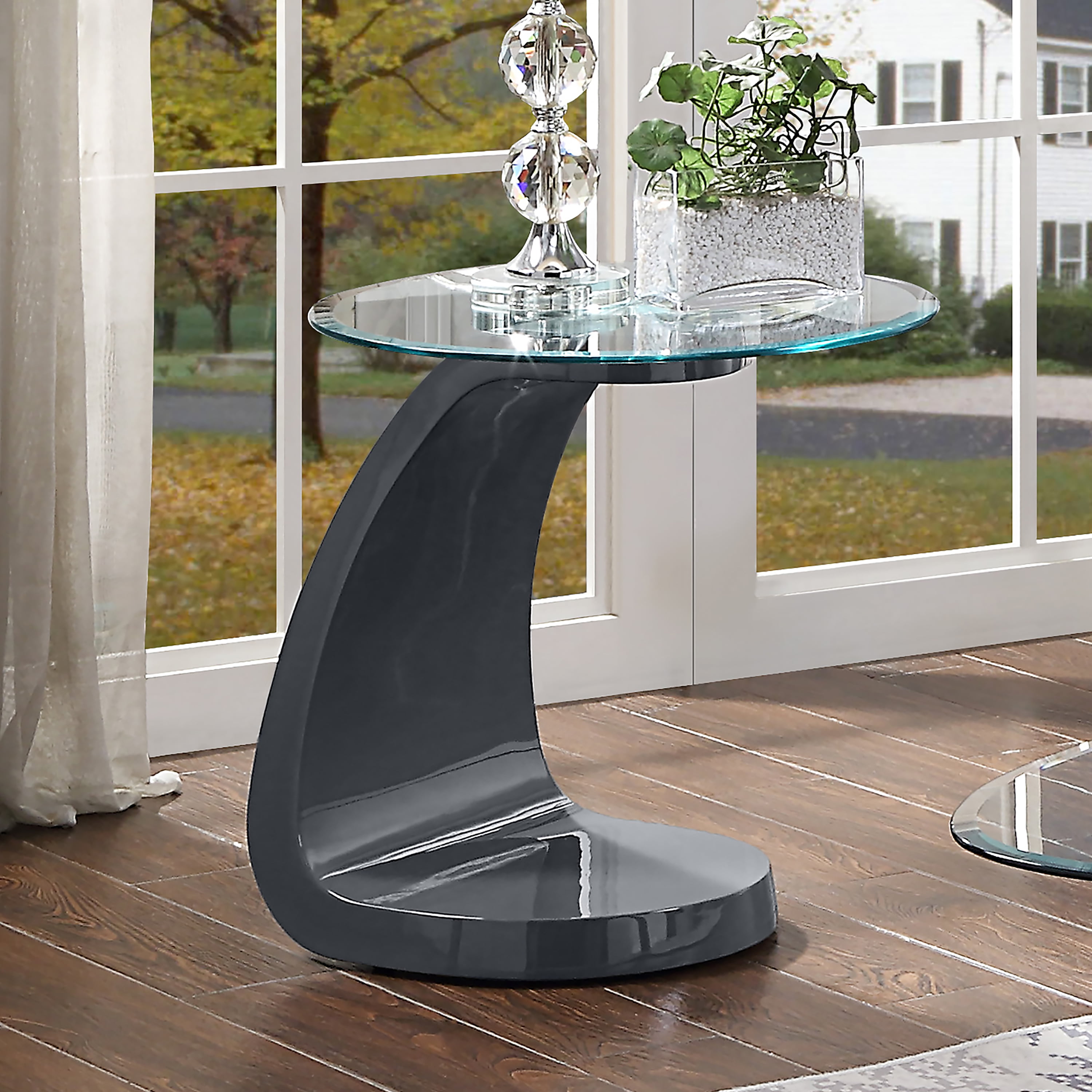 Gray Glossy Wood and Glass Round End Table