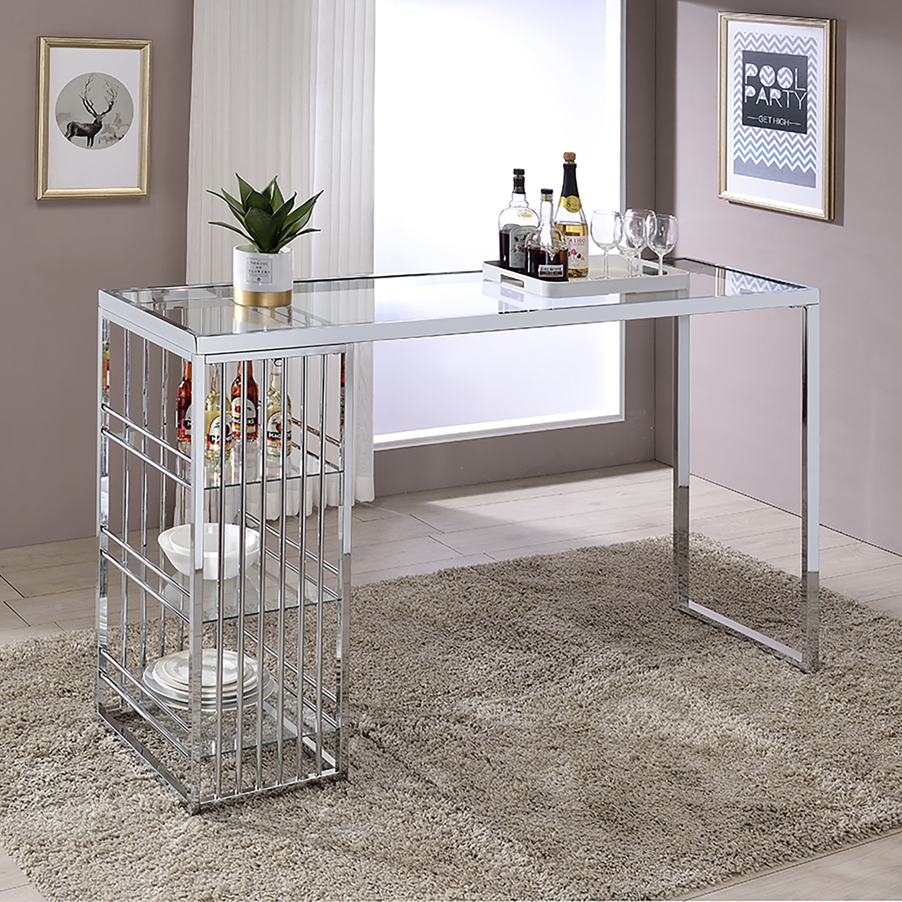 Contemporary Chrome and Glass Bar Height Table with Shelves