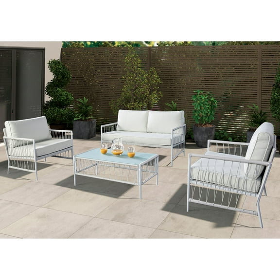 Furniture of America Marialle Modern Wicker 4-Piece Outdoor Conversation Set, White
