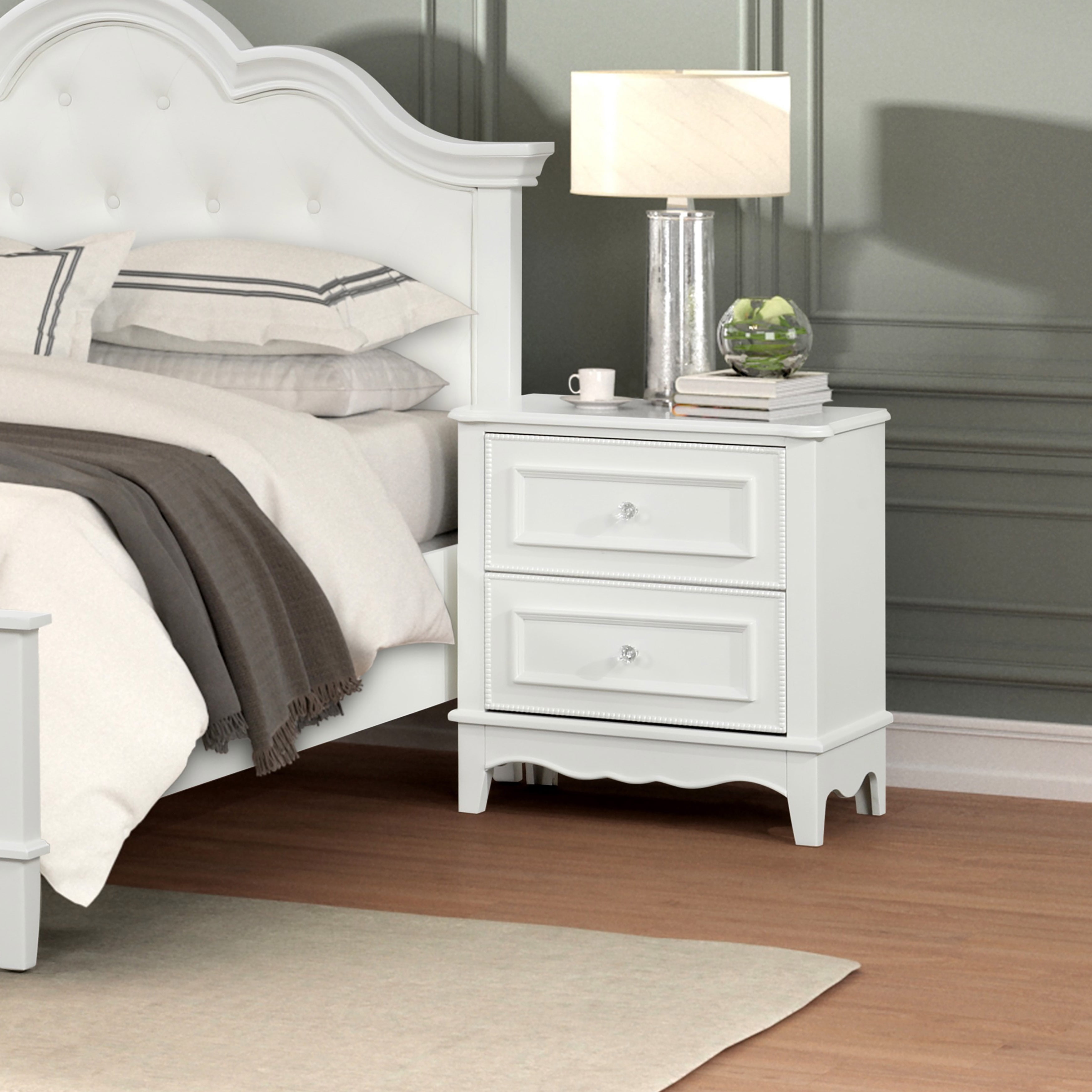 White Solid Wood 2-Drawer Nightstand with Acrylic Knobs