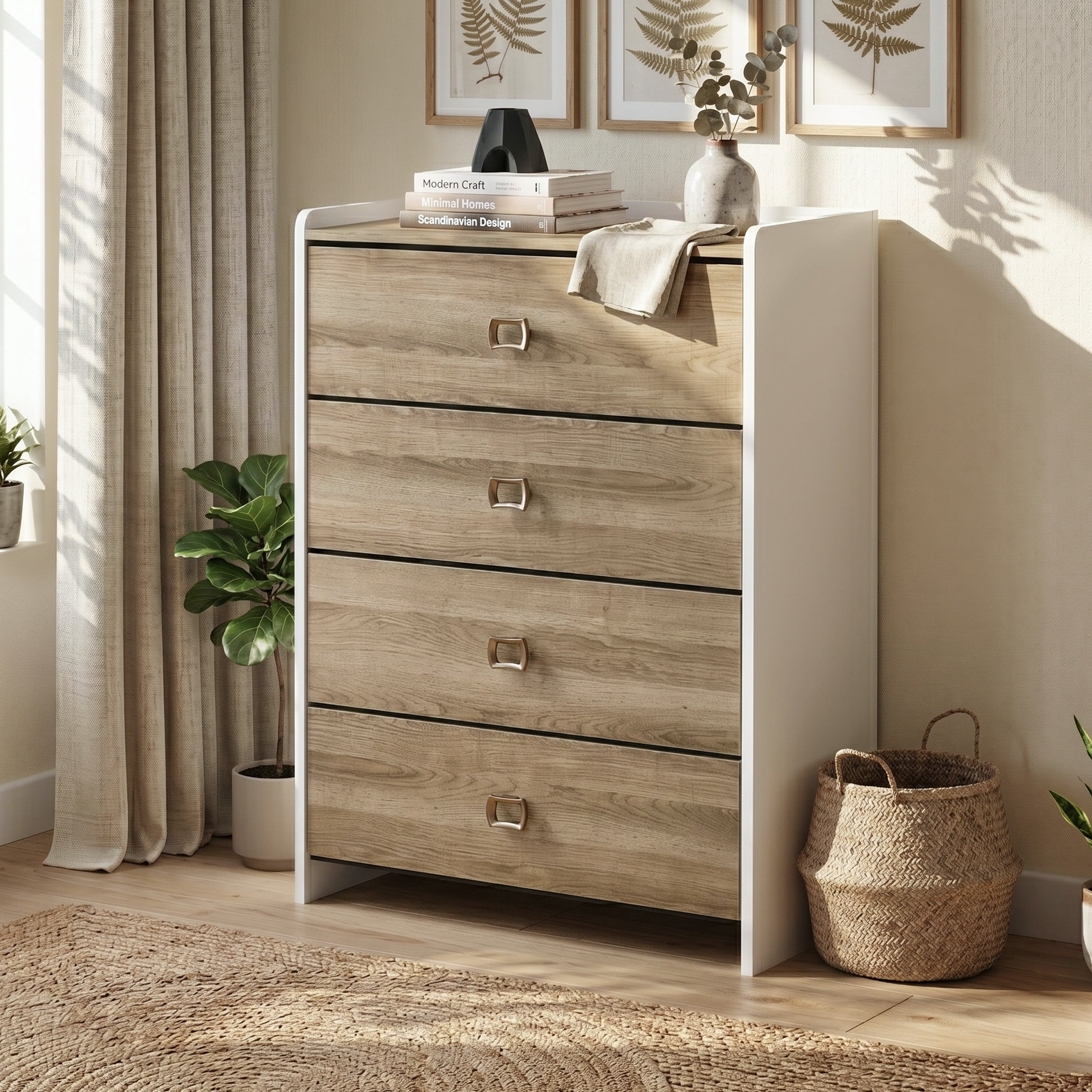 Furniture of America Mavric Modern Wood 4-Drawer Two-Tone Tall Dresser with Raised Top Edge, Dusty Oak and White