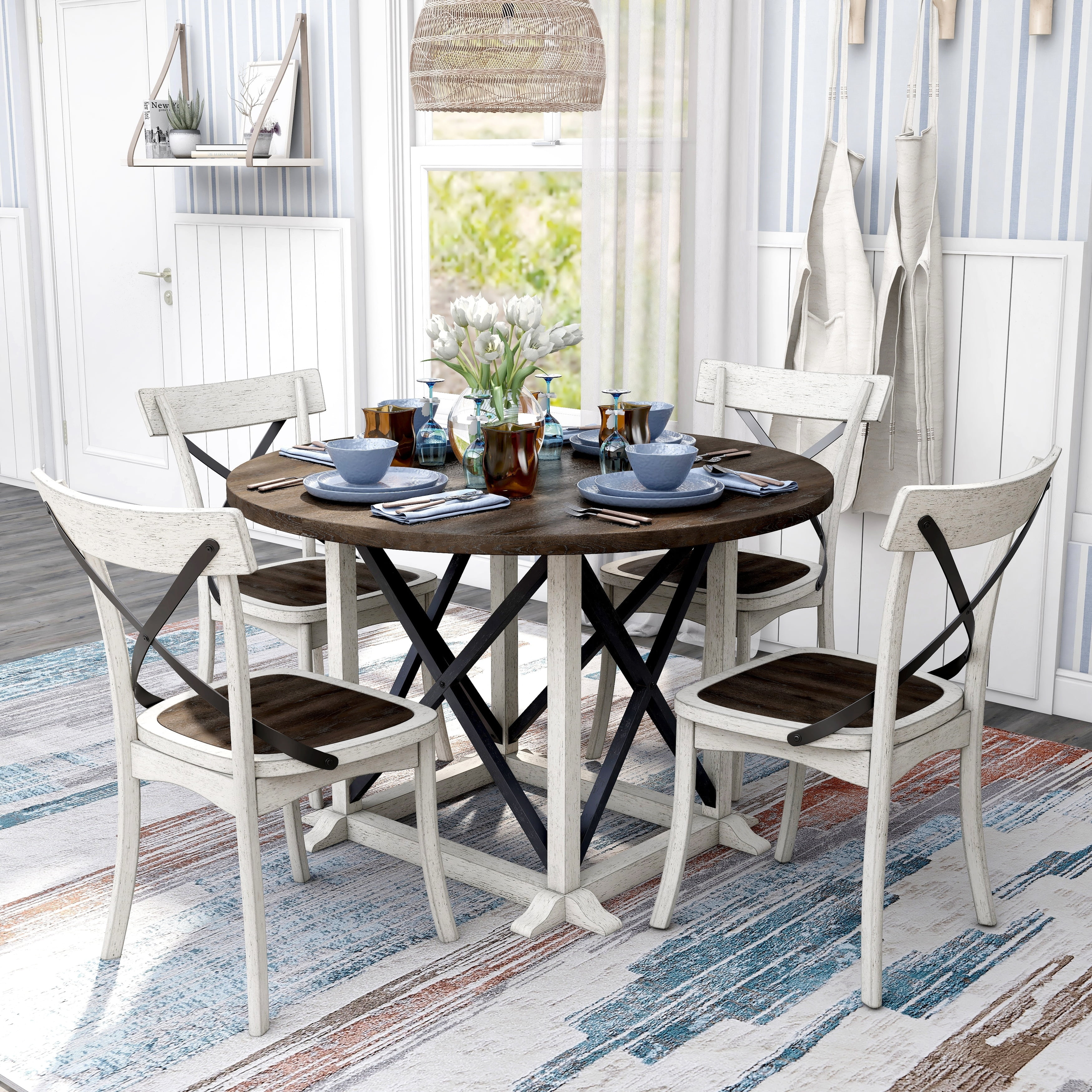 Antique White and Dark Walnut Rubberwood Farmhouse Dining Set