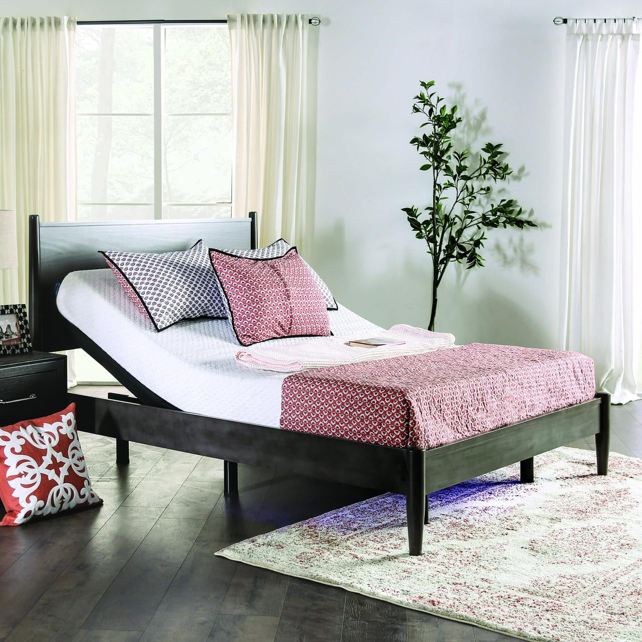 Furniture of America Micklin Metal Twin-XL Adjustable Bed Base Frame with Remote, Gray and White